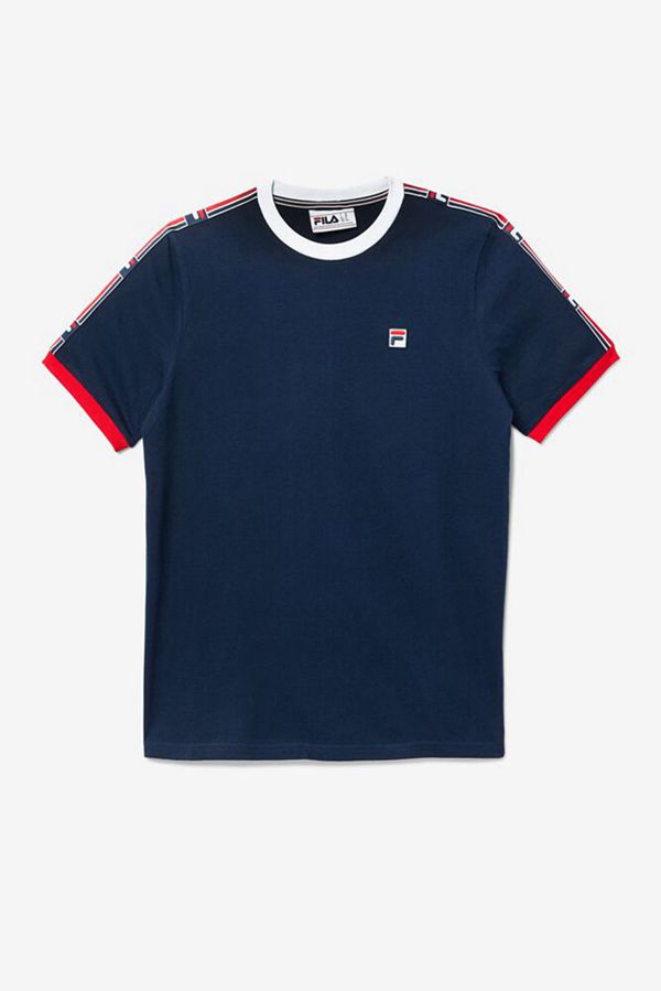 Fila Zale Sleeve Men's Tee - Navy/Red/White,NZ 530-75648